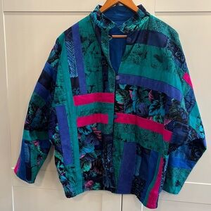 Handmade Women’s Teal & Blue Patchwork Jacket with Pink Accents